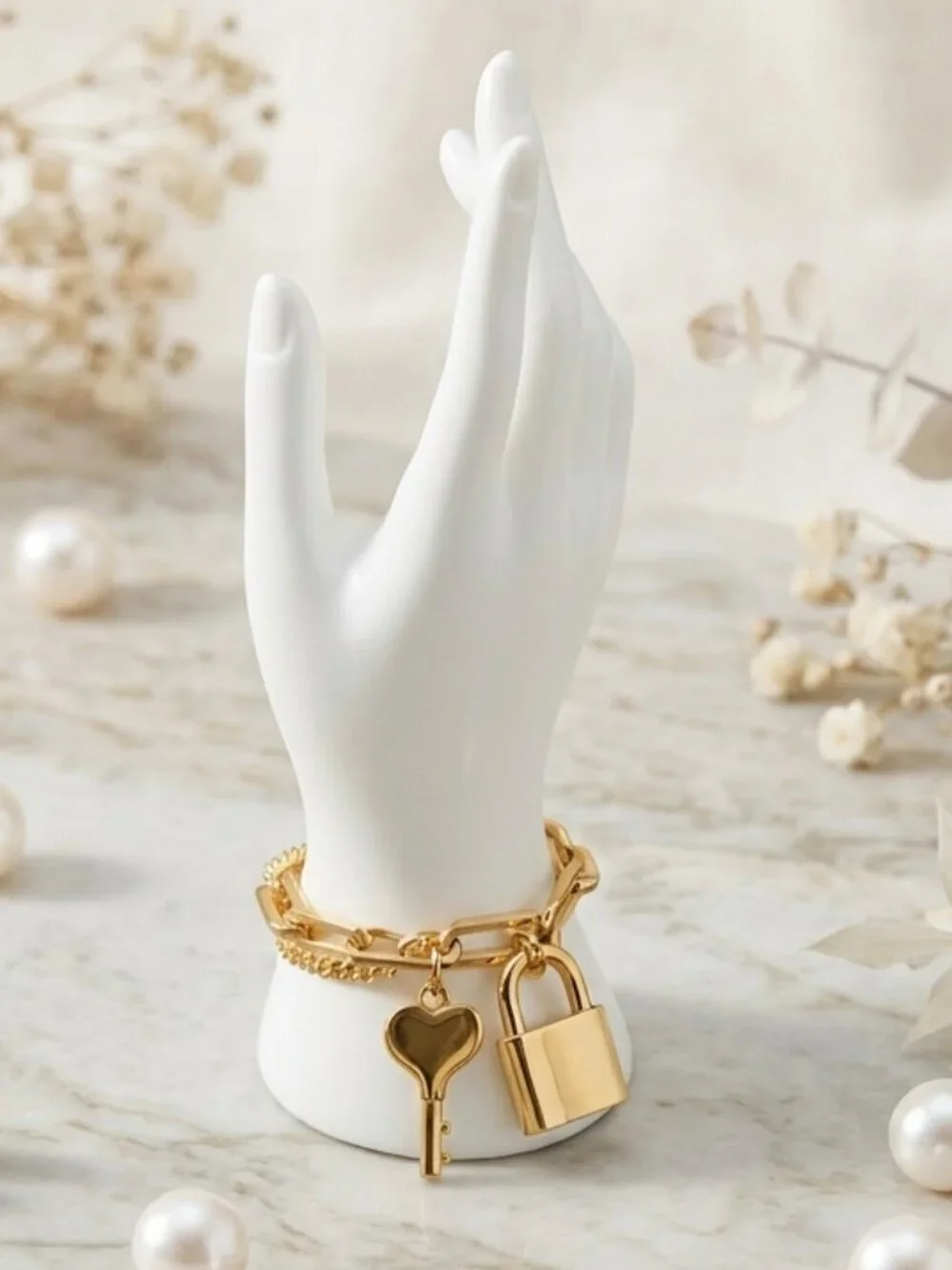 Coquette Y2K 18K Gold Padlock Heart Key Charm Layered Chain Bracelet Gift